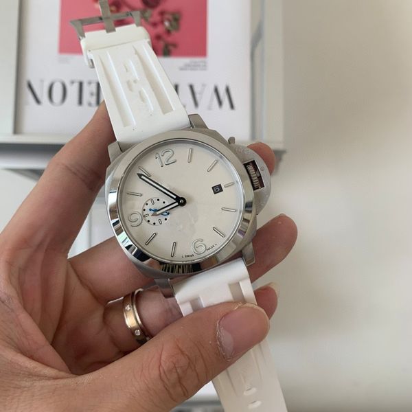 

men's sports watch automatic mechanical movement rubber strap 316l stainless steel case mineral tempered glass diameter 44mm, Slivery;brown