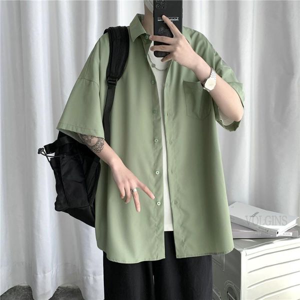 

men's casual shirts streetwear shirt men solid 2021 plus size short sleeve loose summer fashion korean mens clothes, White;black