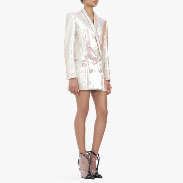 

est stylish 2021 designer blazer for women silver lion buttons shimmer bling sequined long jacket women's suits & blazers, White;black
