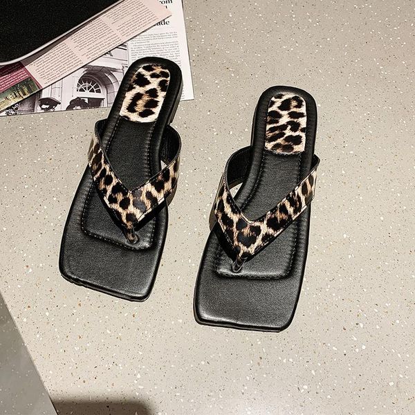 

slippers 35-41 summer women flip flops fashion leopard woman slip on slides square toe flat casual beach shoes 2021, Black