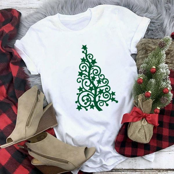 

xmas clothes green christmas women tree print short sleeve o neck graphic shirts, White