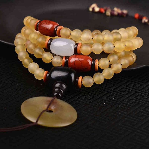 

chinese style products tibet natural horn 108 buddha beads bracelet diy with white agate red safety buckle