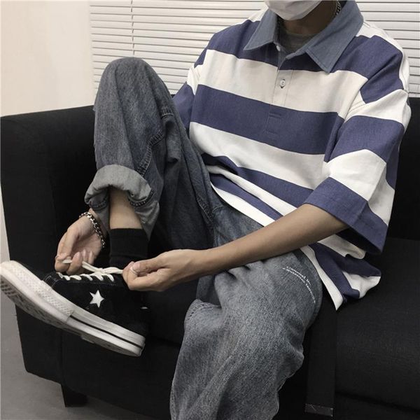 

hong kong style ins striped short sleeve t-shirt men's summer fashion brand shirt korean loose half polos, White;black