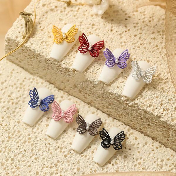 

nail art decorations 5pcs/lot charming pearls 3d hollow butterfly metal butterflies jewelry ornaments fall manicure designs, Silver;gold