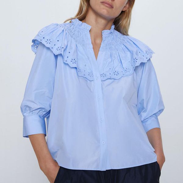 Mulheres Azul Camisa Três Quarto Primavera Tops Senhoras Blusa Menina Escavar Ruffles Design Chic Blusas 210430