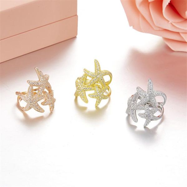 

cluster rings sljely brand design pure 925 sterling silver three starfish ring full micro pave cz zircon stones for women fine jewelry, Golden;silver