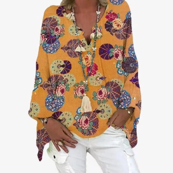 

women's blouses & shirts fashion floral printed blouse women v-neck loose long sleeve female casual tunic linen blusas feminina, White