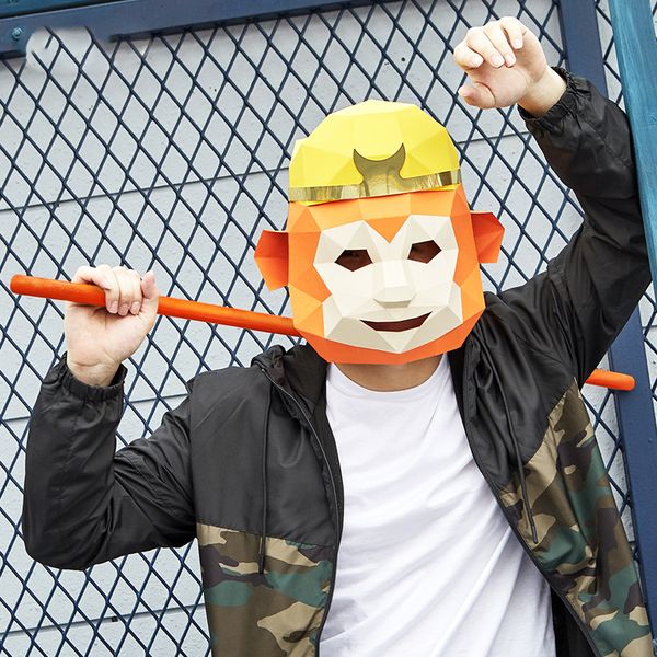 

mascot doll costume 3d paper animal monkey king monkey head mask headgear halloween props woman men party role play dress up diy craft mask, Red;yellow