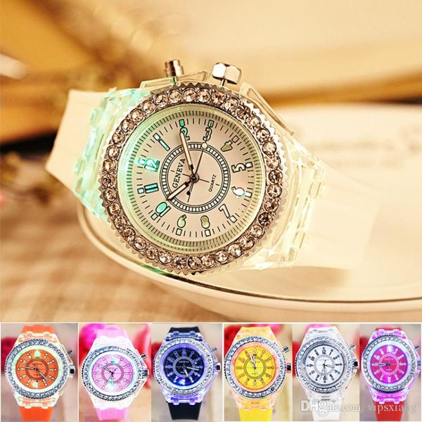 strass Luminoso 11 colori led orologi usa tendenza moda di studenti e studentesse coppia gelatina Custodia trasparente Ginevra Silica248C