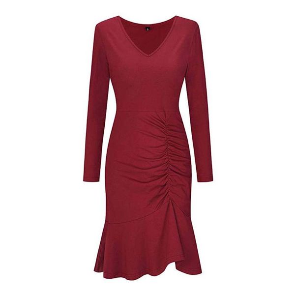 

casual dresses women's fashion dress v-neck long sleeve slim-fit bag hip fishtail celebrity evening party club est, Black;gray