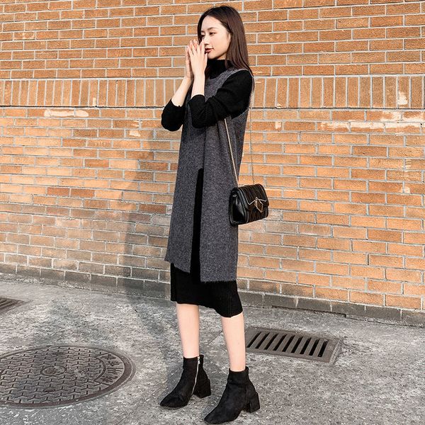 

autumn and winter korean two piece dress version of slim children's plush thickened split vest skirt long, Black;gray