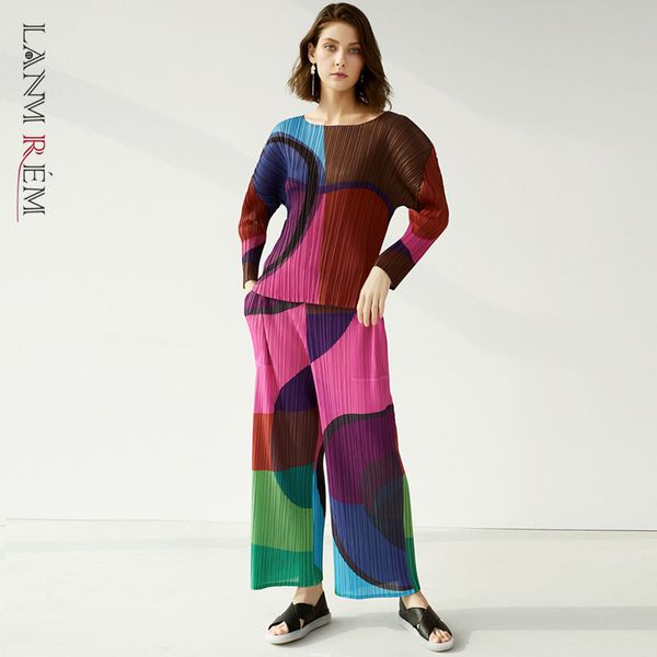 

irregular print pleated pants set for famale summer temperament straight trousers with t-shirt yj415 210507, White