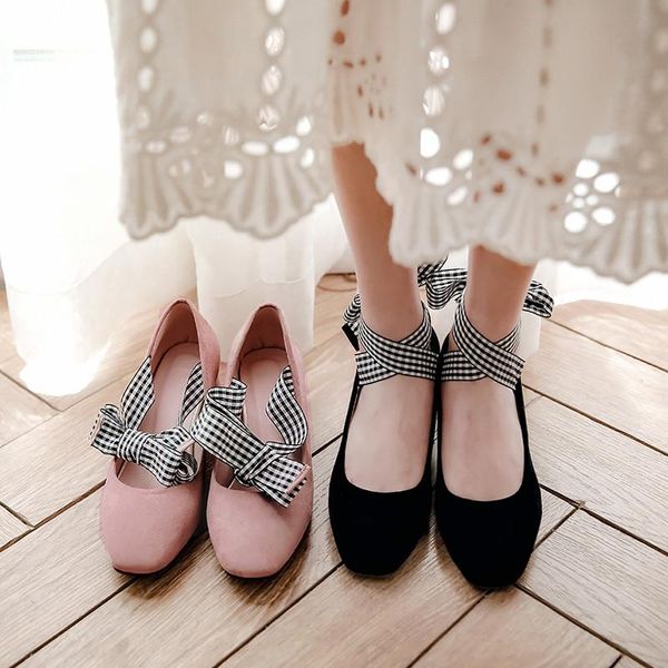

spring autumn cross strap ankle lace up mary jane shoes high heels women flock pink black casual pumps big size 43 dress