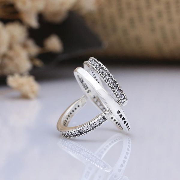 

cluster rings 925 sterling silver ring reversible hearts with crystal for women wedding party gift jewelry, Golden;silver