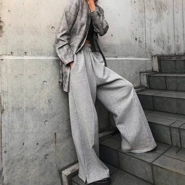 

women's fashions of wool long-legged elastic waistline long-wheeled casual bifurcated pants, White
