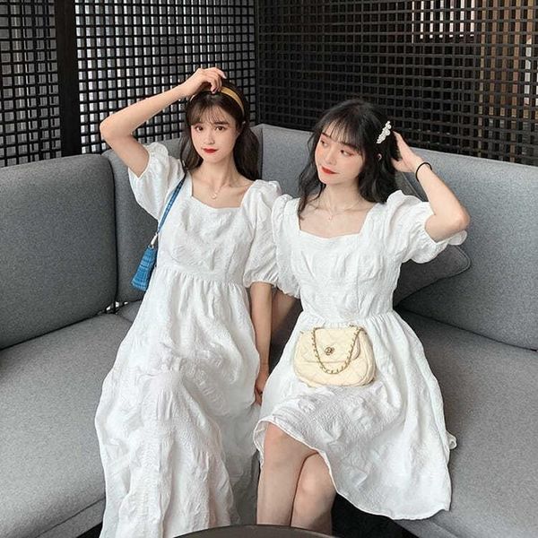 

casual dresses short puff sleeve dress square collar plus size loose pleated womens elegance sweet students long, Black;gray