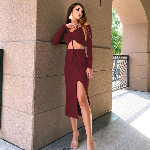 

casual dresses eaglewolf 2021 autumn and winter women's halter neck strap adjustable drawstring hollow slim long-sleeved dress women, Black;gray