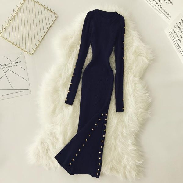 

casual dresses vestidos mujer 2021 autumn winter for women split rivet long sleeve black knitted wrap dress bodycon midi, Black;gray