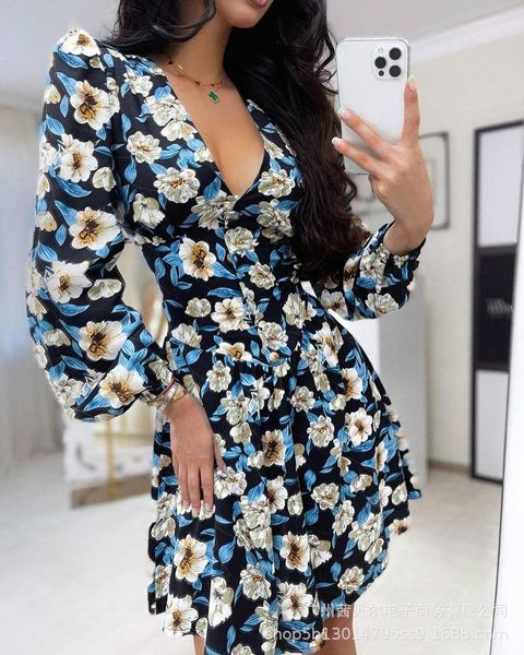 

casual dresses vintage flower floral printed v neck high waist fashion women's dress long sleeve black mini 2021, Black;gray