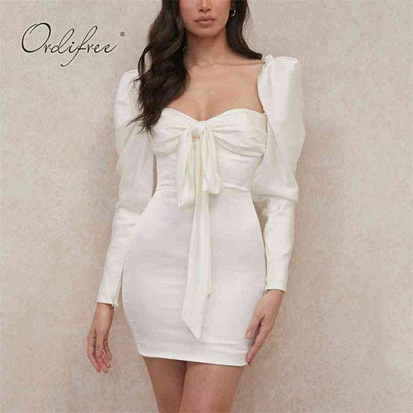 

summer women party dress long sleeve white bow bodycon short pencil 210513, Black;gray