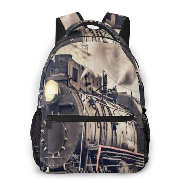 

backpack 2021 retro steam train departs from the station school bag men backbag travel daypacks male leisure women gril