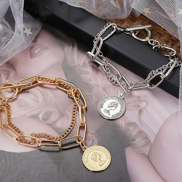

punk style portrait bracelet multilayer chain geometric coin charm bracelets jewelry for women dropshiping yp7717, Golden;silver