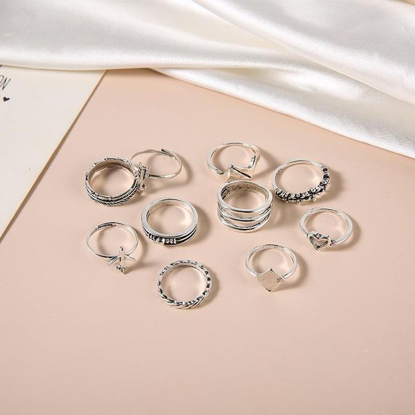 

boho silver color rings set simple plant heart arrow finger jewelry accessories for women party ring wholesale 10pcs wedding, Slivery;golden