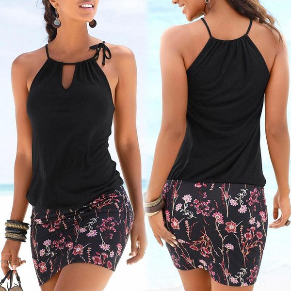 

fashion womens casual sleeveless retro print beach mini dress spaghetti strap ruched slim streetwear vestidos dresses, Black;gray