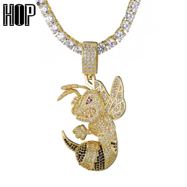 

multi-colored honeybee pendant with tennis chain bling cubic zircon men's hip hop necklace jewelry gifts, Silver