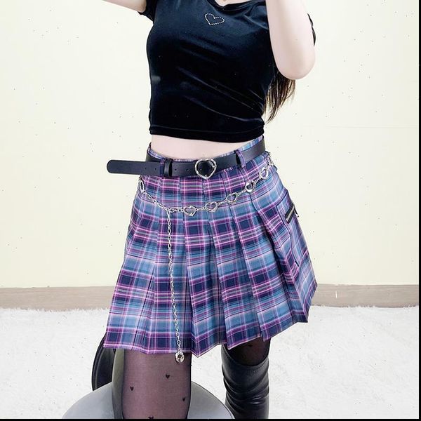 

mini pleated summer high waist women skirts y2k plaid belt korean uniforms straps zip harajuku, Black