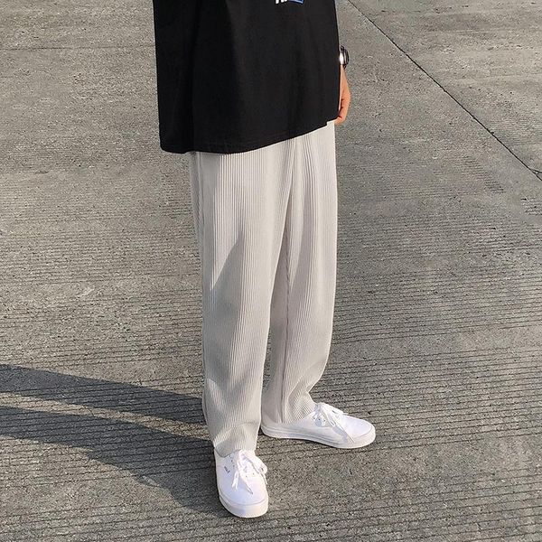 

men's pants pleated straight fashion elastic waist casual men streetwear loose ice silk trousers mens wide leg s-2xl, Black