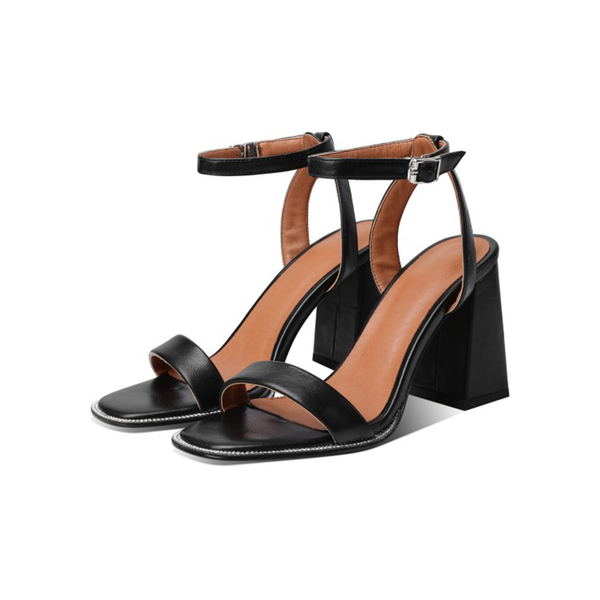 

dress shoes women's 2021 summer rhinestone black cattle pu one word band simplicity fangtou thick heel sandals height 9cm