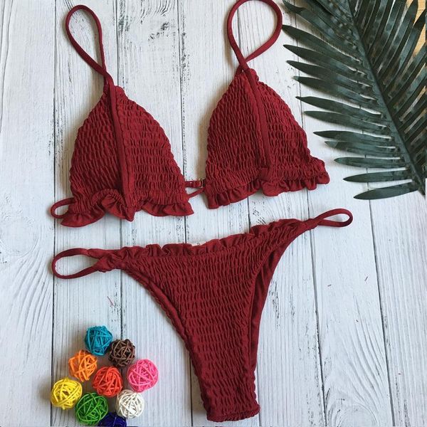 

bras sets pleated summer push up padded women two pieces bra brief set 2021 fashion solid female beachwear high cut bathing suits, Red;black