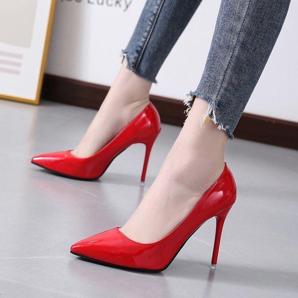 

dress shoes 2021 plus size 34-44 women pointed toe pumps patent leather high heels boat wedding zapatos mujer, Black