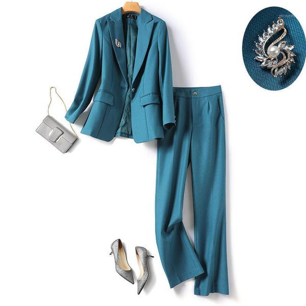 

women's two piece pants high qualkity women blue blazer sets long sleeve beaded coat straight leg ol set suits, White