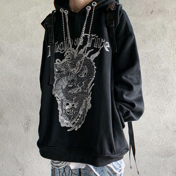

women's hoodies & sweatshirts gothic thick women clothes dragon print female hoodie streetwear punk devil 2021 spring loose, Black