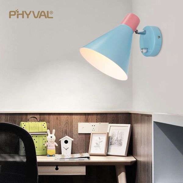 

nordic wall lamp e27 led with knob switch blue color sconce lights iron lampshade dimmable for bedroom