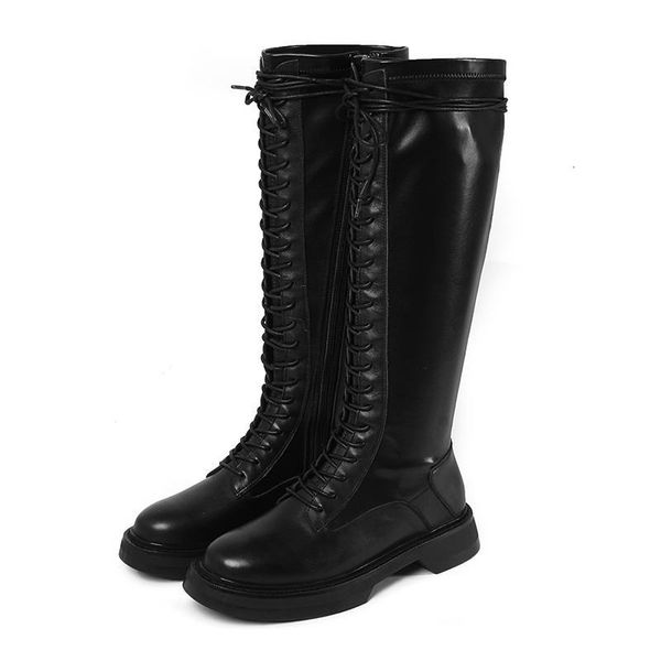 

boots cross tie shoes for women autumn winter genuine leather knee high heels working thick slim long woman 2x87, Black