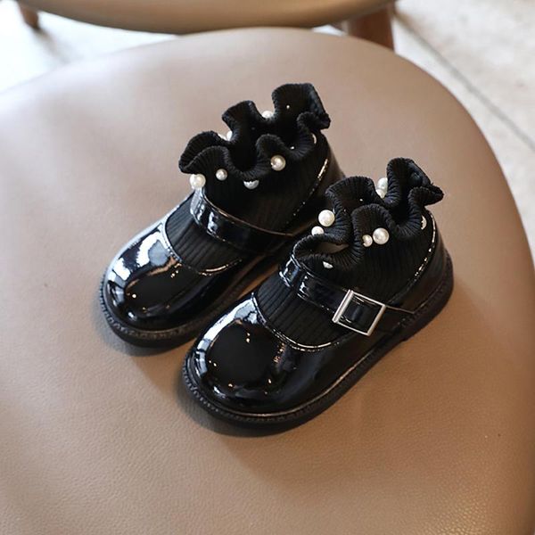 

flat shoes girls boots autumn winter kids knitting sock ankle pearls rufflers princess children leather booties kid, Black;grey