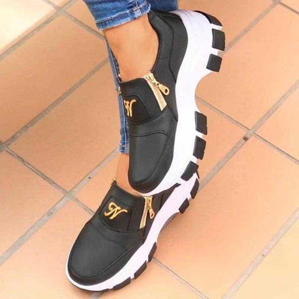 

2021 new women sneakers solid color thick bottom zipper walking woman's shoes female breathable non slip platform shoes y0907, Black