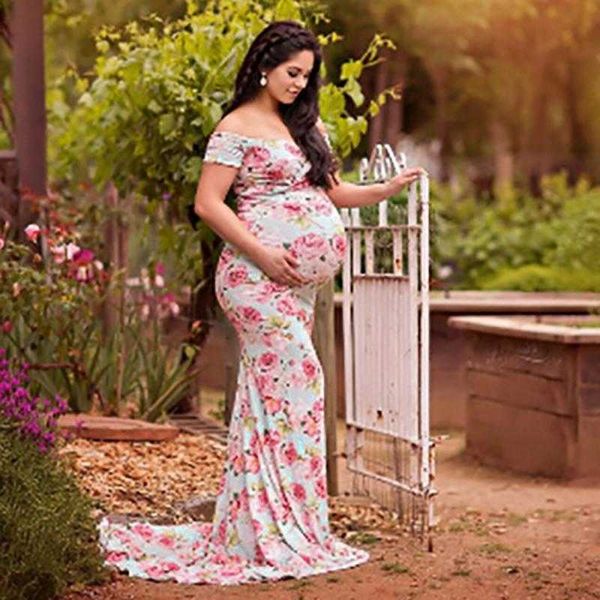 Große Schwangere Kleider Für Foto-Shooting Lange Lose Kurzen Ärmeln V-ausschnitt Blumenmuster 2021 Frauen Kleider Mutterschaft kleidung Q0713