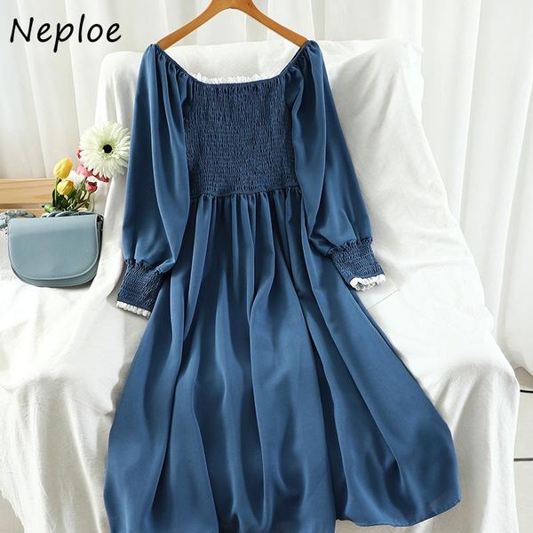 

neploe elegant french style pleated dresses women autumn vintage high waist vestidos square collar long sleeve dress casual, Black;gray