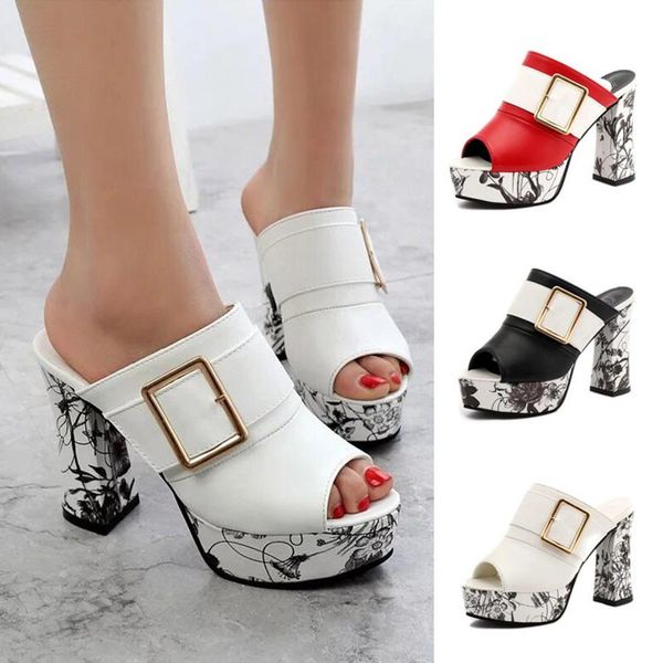 

dress shoes 2021 3color fashion summer women elegant buckle high heel sandals peep toe platform chunky lady thick, Black