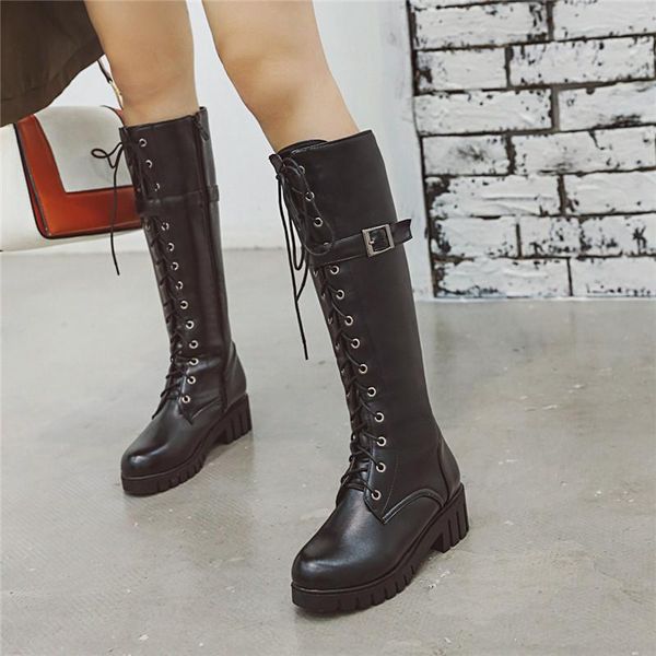 

boots 2021 autumn chunky heel black brown motorcycle knight knee high lace up cross tied gladiator buckle womens shoes