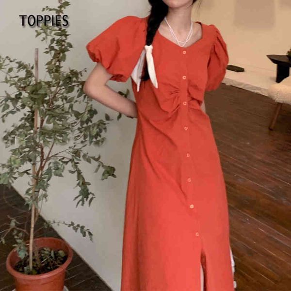 Toppies Sommer Baumwolle Leinen Kleid Frau Puff Sleeve Midi Kleid Süße V-ausschnitt Schlank A-linie vestidos 210412