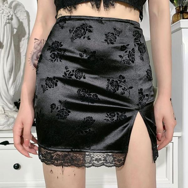 

skirts vintage lace black skirt goth aesthetic high waist mini women elegant slit gothic party club wear