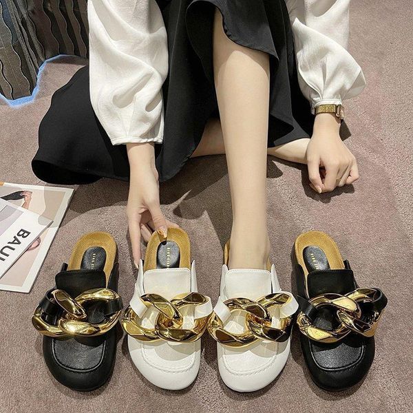 

women shoes ladies slippers metal chain round toe pu sandals fashion casual flat bottom 2021 spring and summer, Black