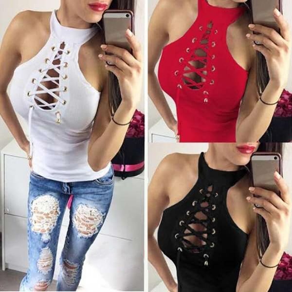 

women's tanks & camis womens sleeveless slim fit vest tank ladies lace up hollow out blouse clothing 2021 summer, White
