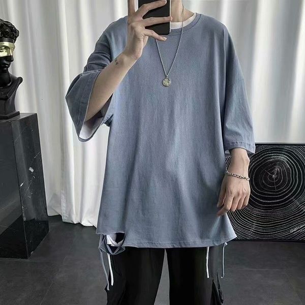 

men's t-shirts summer cotton ripped t-shirt fashion casual o-neck men streetwear korean loose hip-hop short-sleeved tshirt mens es, White;black