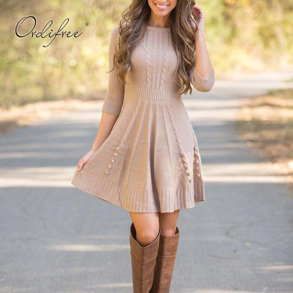 

autumn women knitted elegant lady casual mini sweater dress 210415, Black;gray